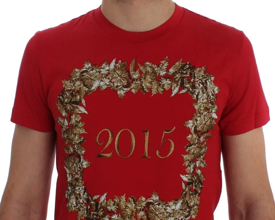 Crewneck 2015 Motive Print Red Cotton T-shirt