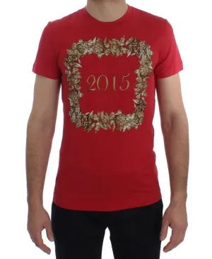 Crewneck 2015 Motive Print Red Cotton T-shirt