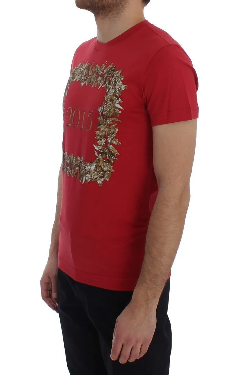 Crewneck 2015 Motive Print Red Cotton T-shirt