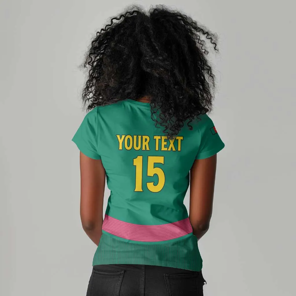 Custom Cameroun Football Women V-Neck T-Shirt Allez les Lions LT15