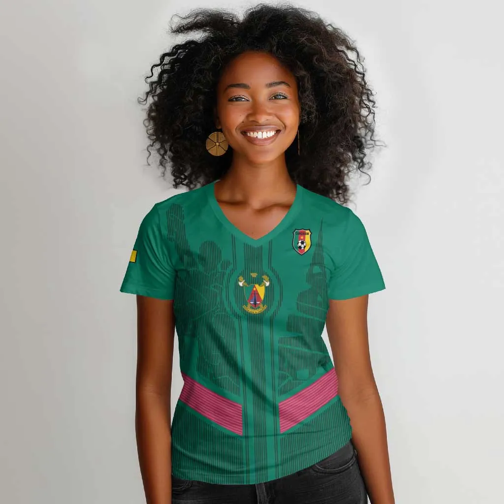 Custom Cameroun Football Women V-Neck T-Shirt Allez les Lions LT15