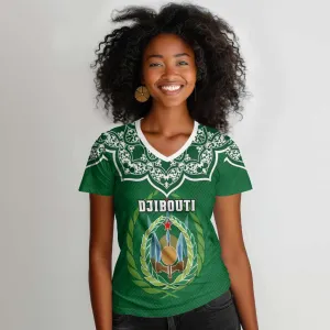 Custom Djibouti Women V-Neck T-Shirt with Jabuuti Emblem and Islamic Floral Circle LT01