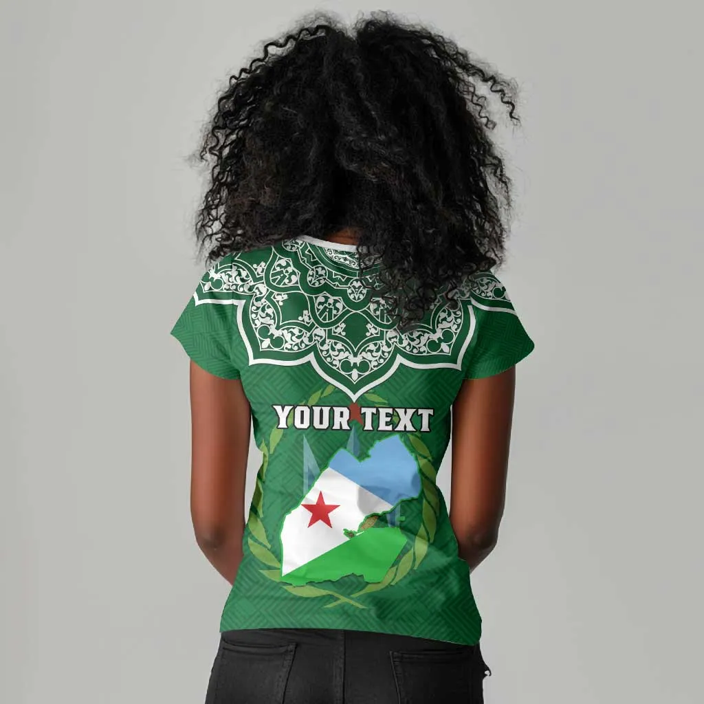Custom Djibouti Women V-Neck T-Shirt with Jabuuti Emblem and Islamic Floral Circle LT01