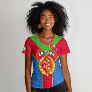 Custom Eritrea Women V-Neck T-Shirt with Eritrean Emblem Flag and African Pattern Design LT01
