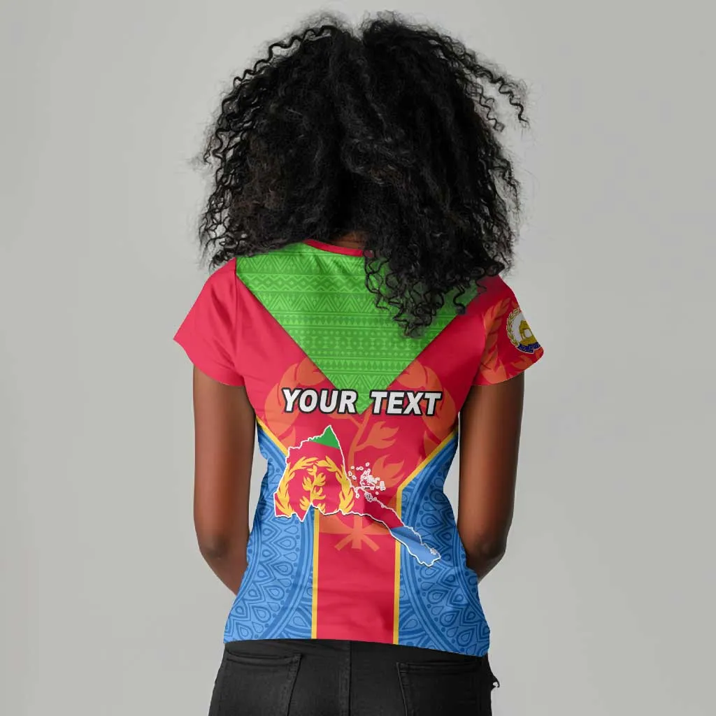 Custom Eritrea Women V-Neck T-Shirt with Eritrean Emblem Flag and African Pattern Design LT01