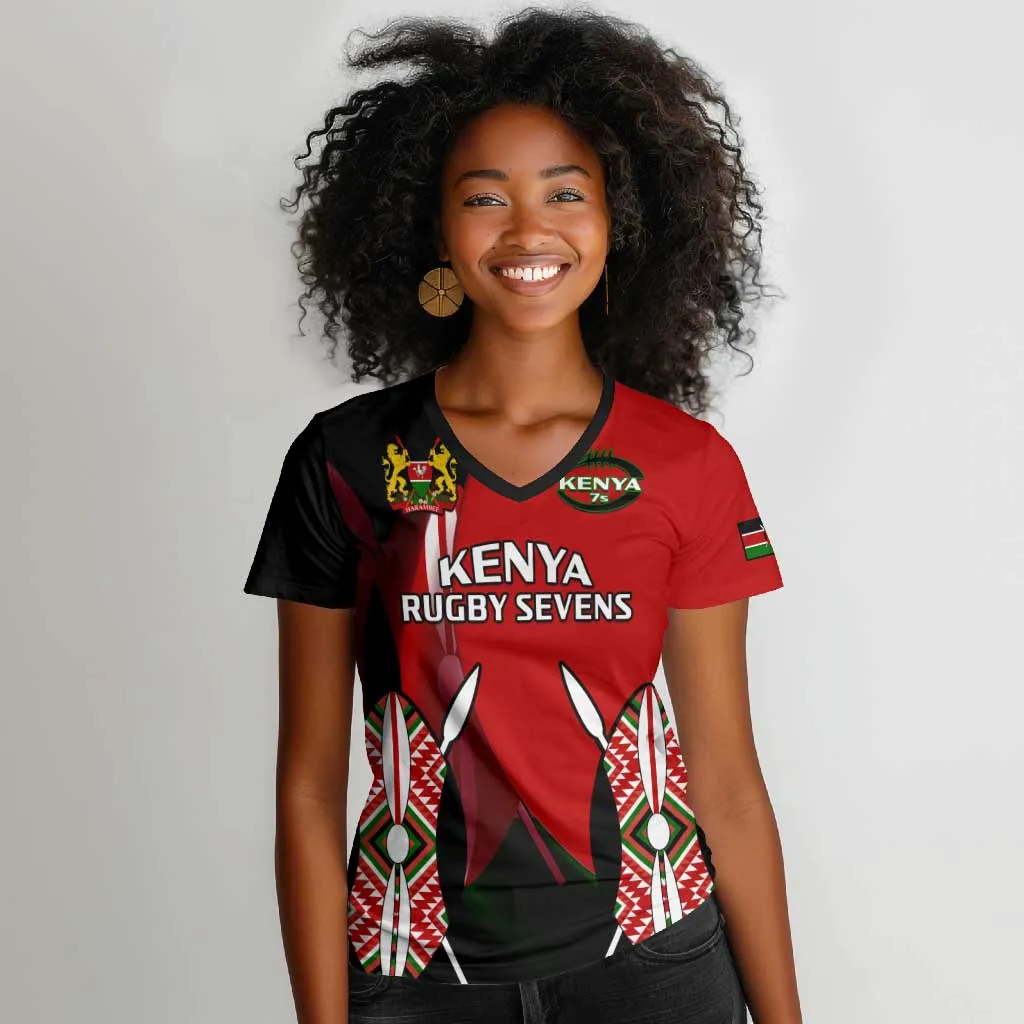 Custom Kenya Rugby Sevens Kenyan Sporty Version Women V-Neck T-Shirt LT14