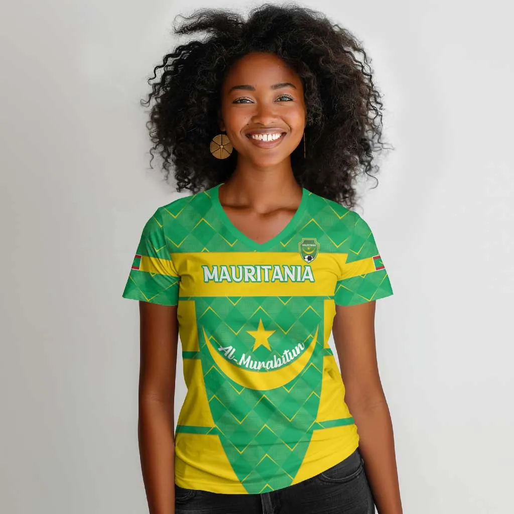 Custom Mauritania Beach Soccer 2025 Women V-Neck T-Shirt Allez Al-Murabitun LT15