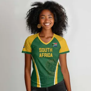 Custom South Africa Cricket Women V-Neck T-Shirt Go Champions Protea Pattern LT05