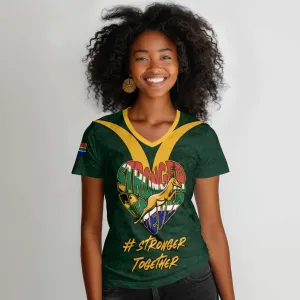 Custom South Africa Rugby Women V-Neck T-Shirt - Stronger Together, Stronger Forever, Bokke World Cup LT01