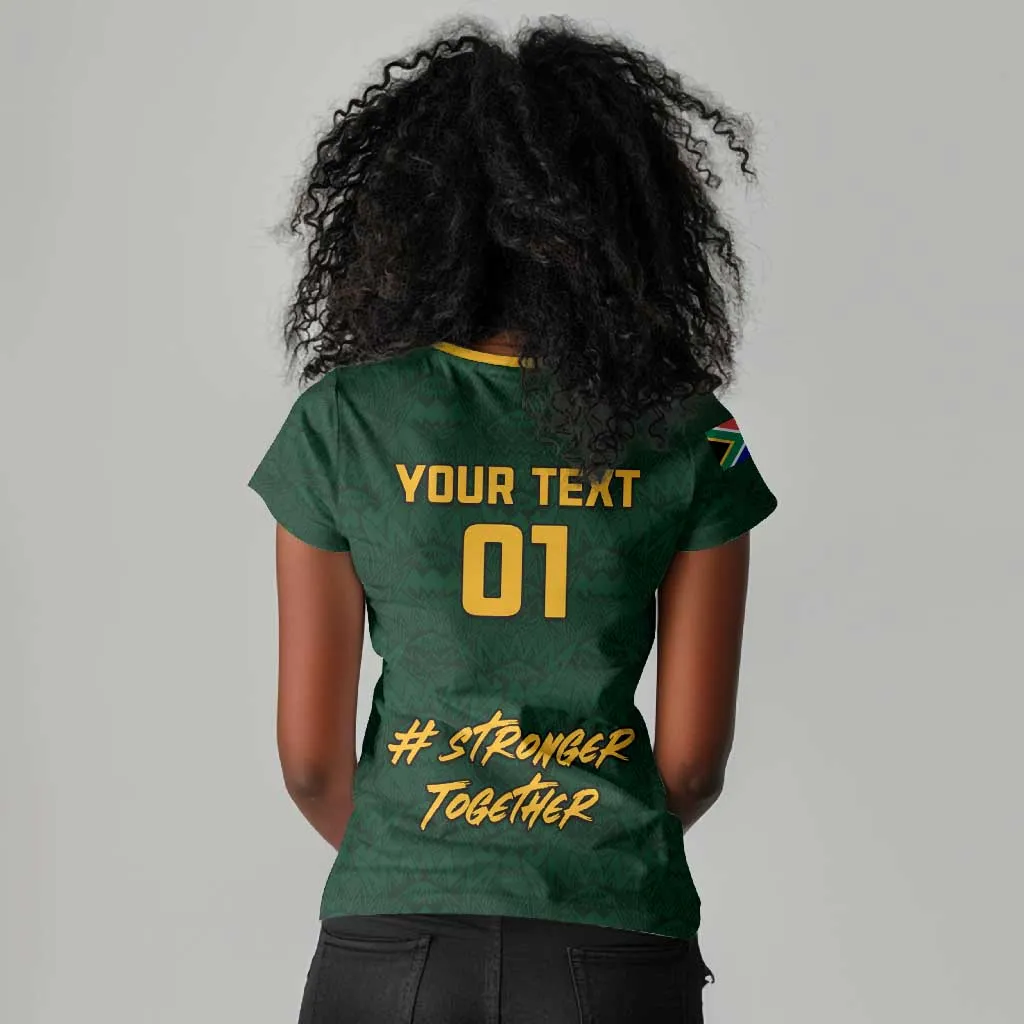 Custom South Africa Rugby Women V-Neck T-Shirt - Stronger Together, Stronger Forever, Bokke World Cup LT01