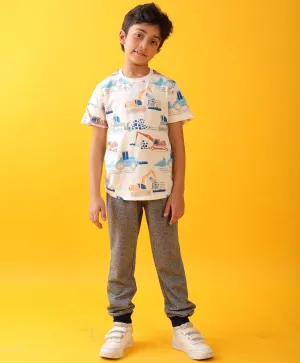 DIGGER PRINT BLACK MELANGE BOYS SUMMER JOGGER SET - WHITE/BLACK MELANGE