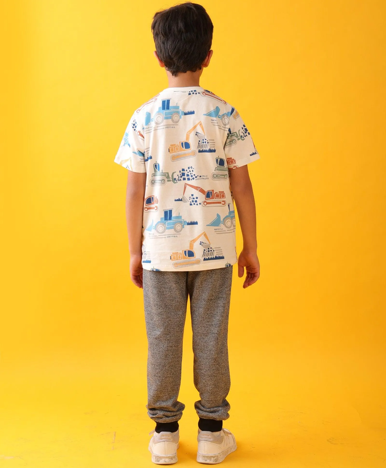 DIGGER PRINT BLACK MELANGE BOYS SUMMER JOGGER SET - WHITE/BLACK MELANGE