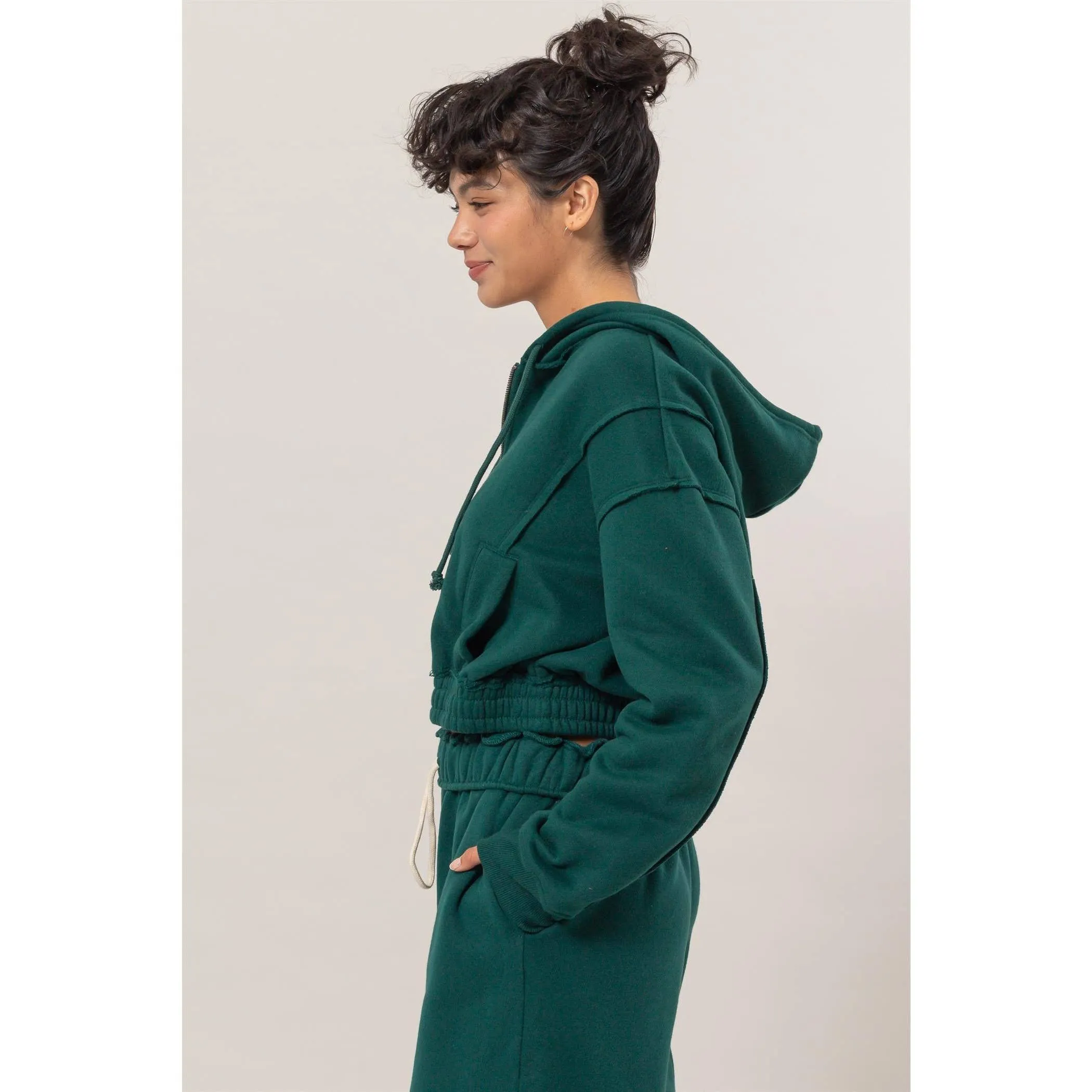 Dk Green Zip Up Hoodie Jacket With Seam Detailing