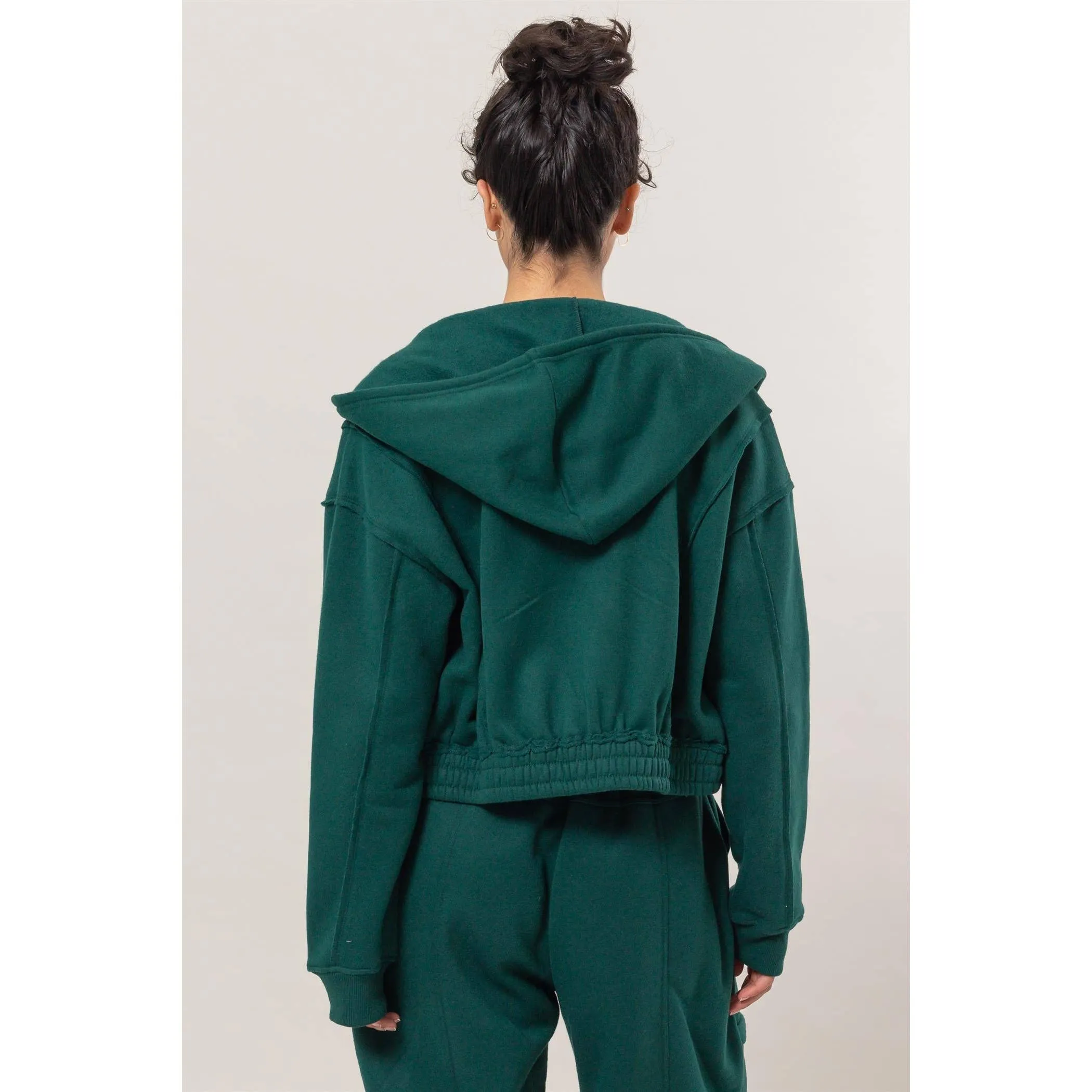 Dk Green Zip Up Hoodie Jacket With Seam Detailing