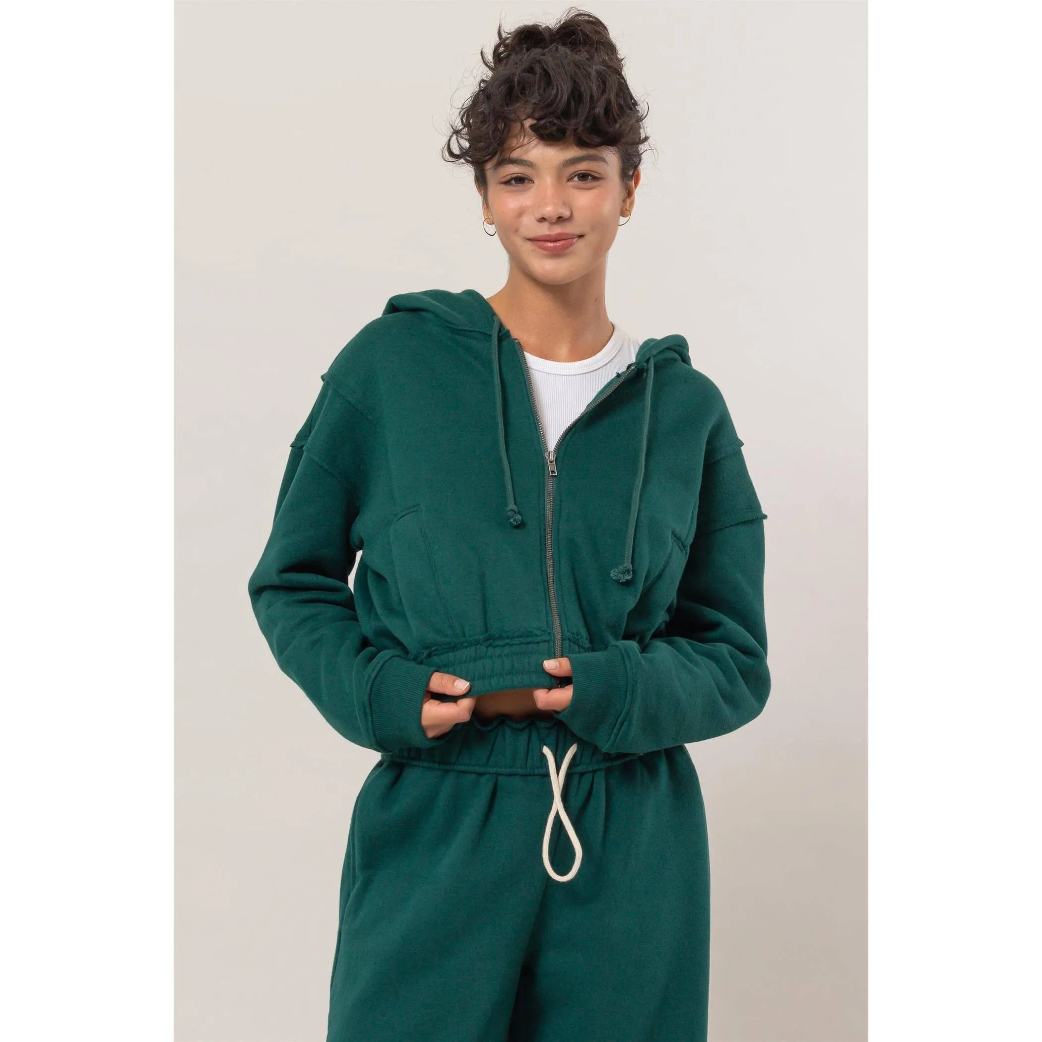Dk Green Zip Up Hoodie Jacket With Seam Detailing