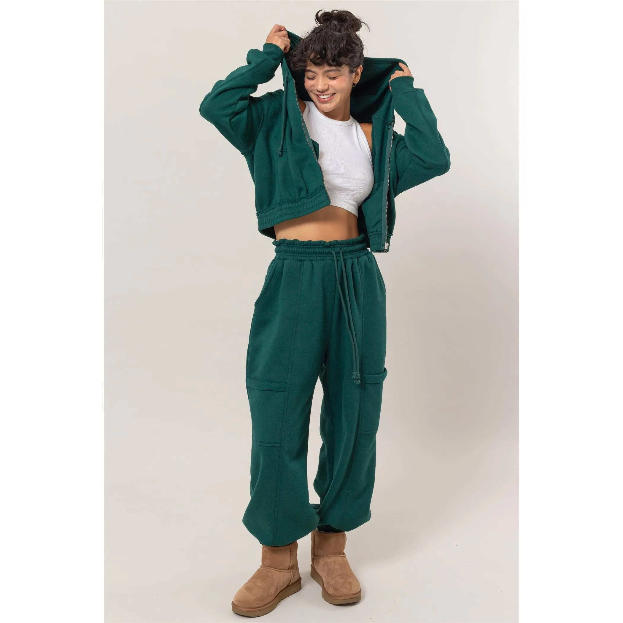 Dk Green Zip Up Hoodie Jacket With Seam Detailing
