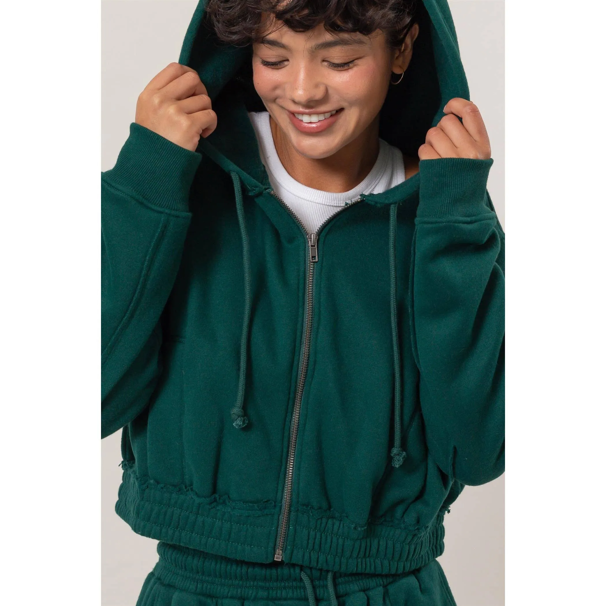 Dk Green Zip Up Hoodie Jacket With Seam Detailing