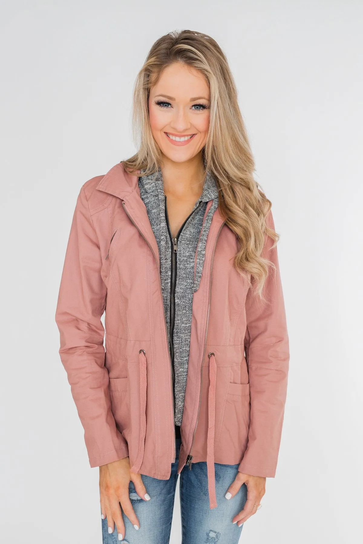Essential Drawstring Hooded Jacket- Mauve