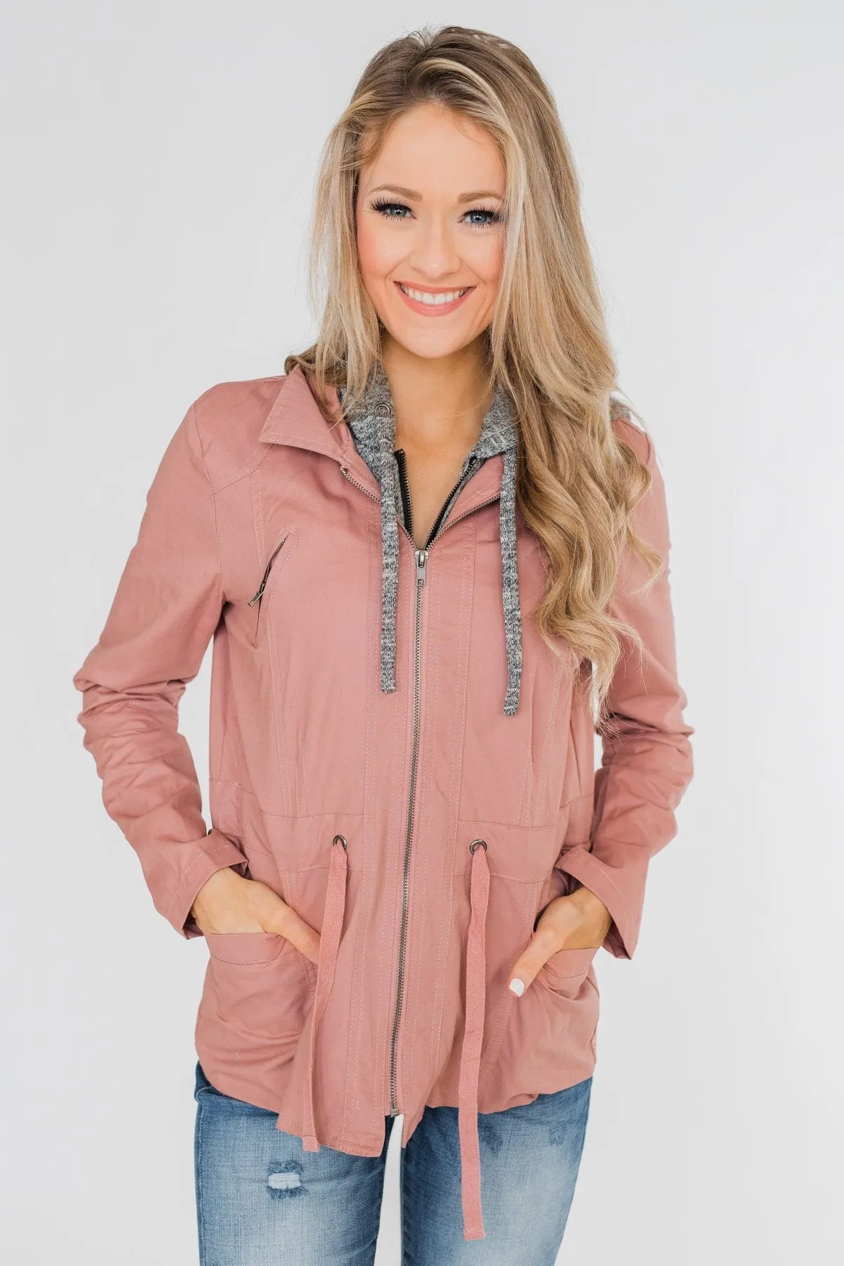 Essential Drawstring Hooded Jacket- Mauve