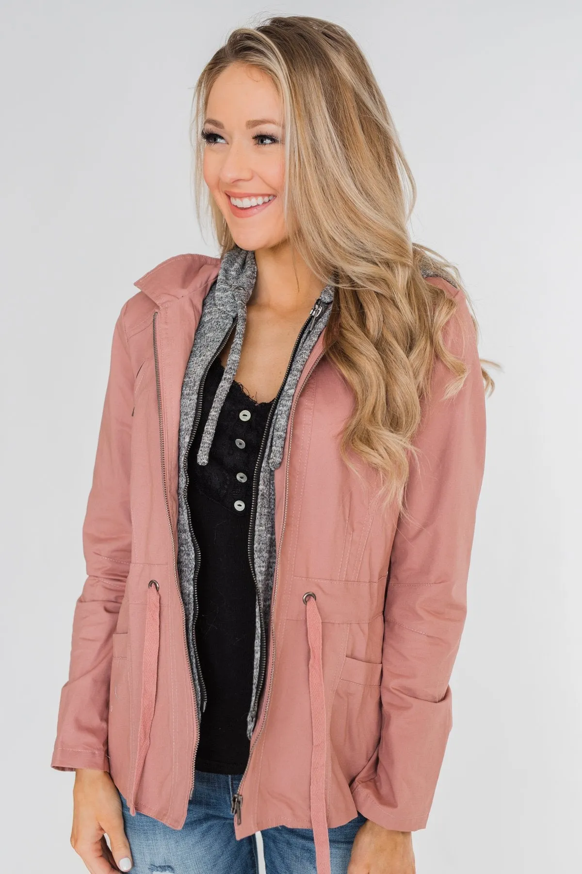 Essential Drawstring Hooded Jacket- Mauve