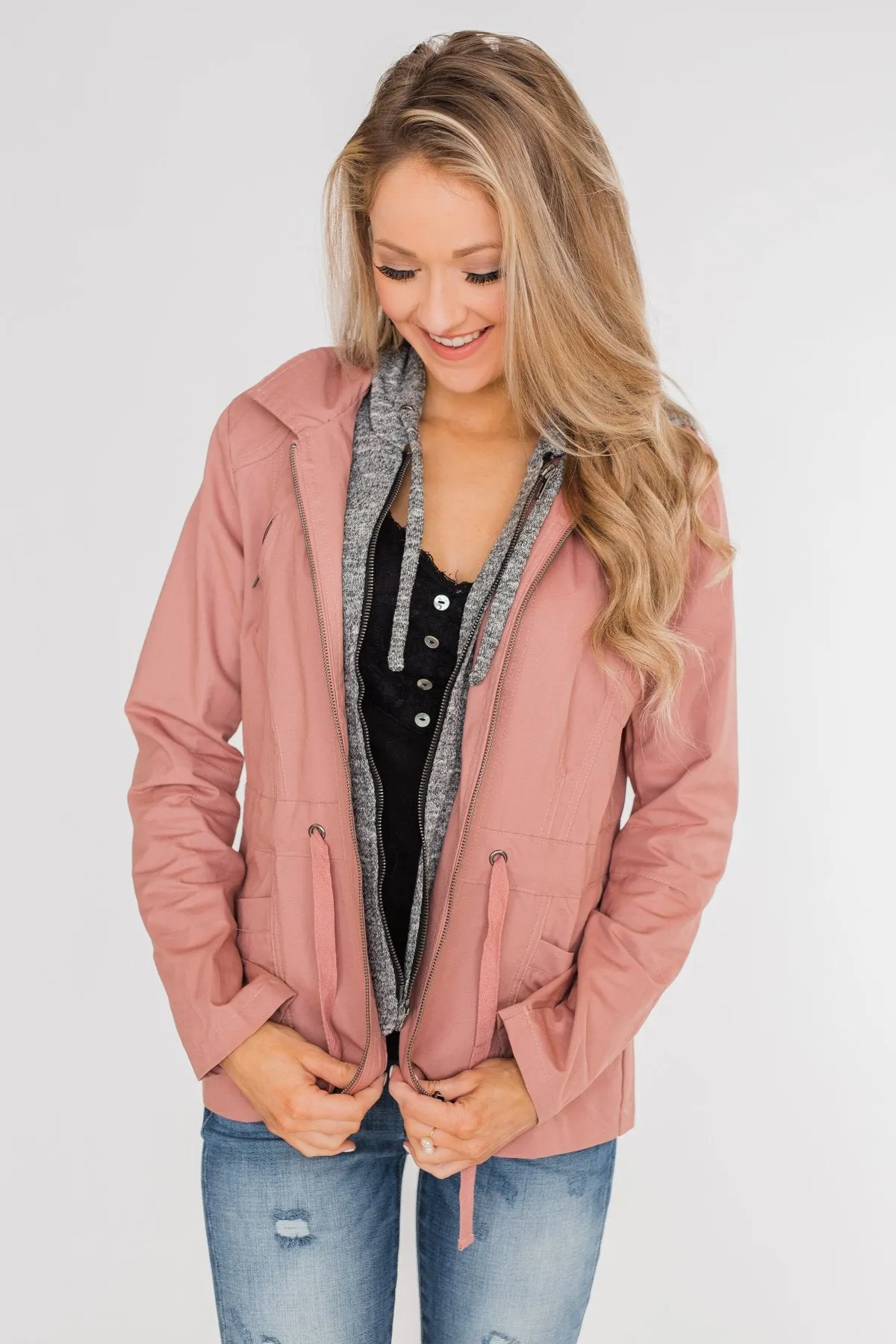 Essential Drawstring Hooded Jacket- Mauve