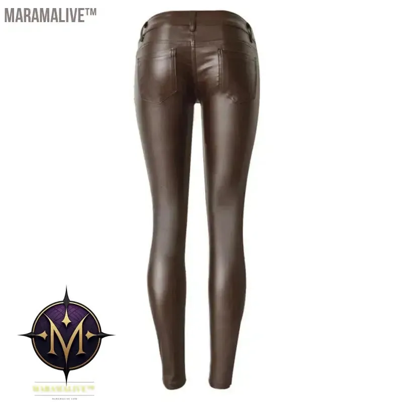 Fashion Women PU Leather Coffee Pants Low Waist Leggings Slim Leather Legging Skinny Trousers Plus Size