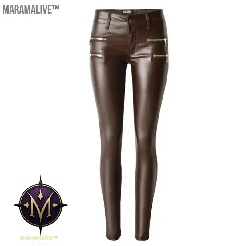 Fashion Women PU Leather Coffee Pants Low Waist Leggings Slim Leather Legging Skinny Trousers Plus Size