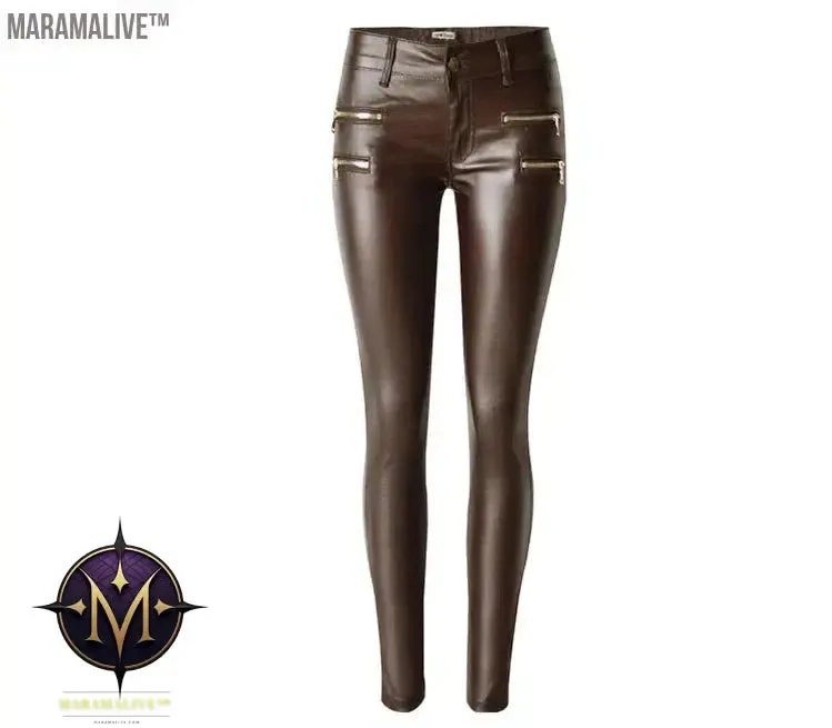 Fashion Women PU Leather Coffee Pants Low Waist Leggings Slim Leather Legging Skinny Trousers Plus Size
