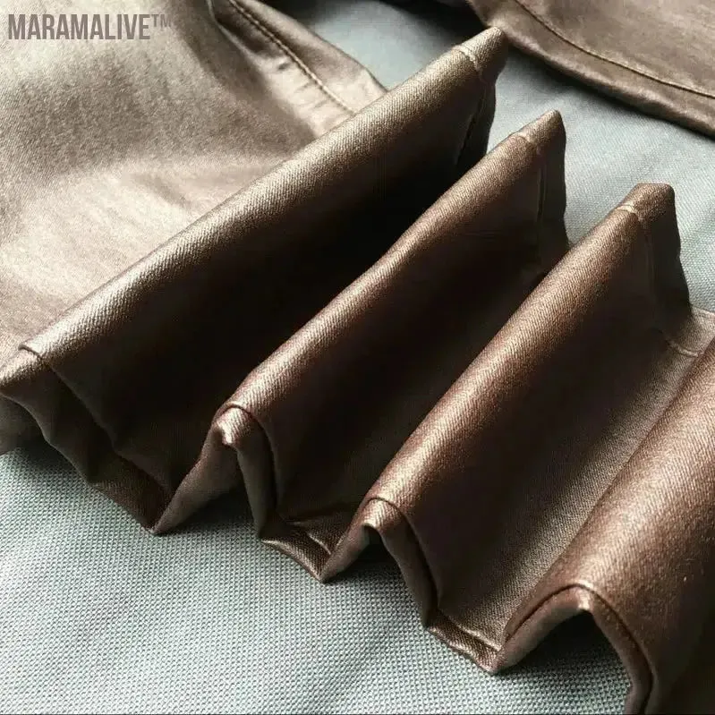 Fashion Women PU Leather Coffee Pants Low Waist Leggings Slim Leather Legging Skinny Trousers Plus Size
