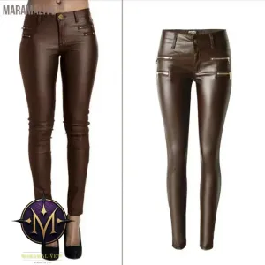 Fashion Women PU Leather Coffee Pants Low Waist Leggings Slim Leather Legging Skinny Trousers Plus Size