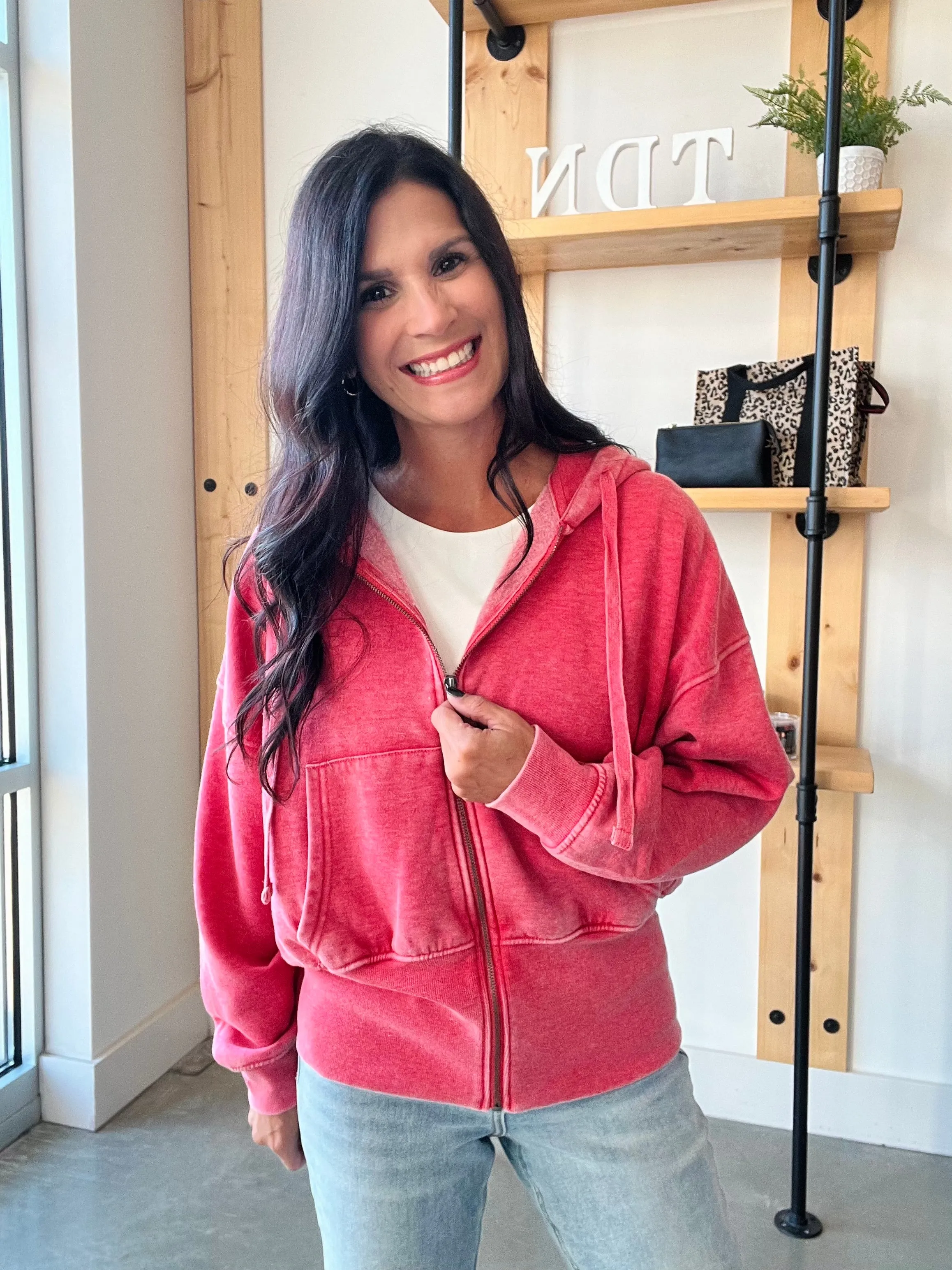 Fleece Hoodie Jacket in Cherry
