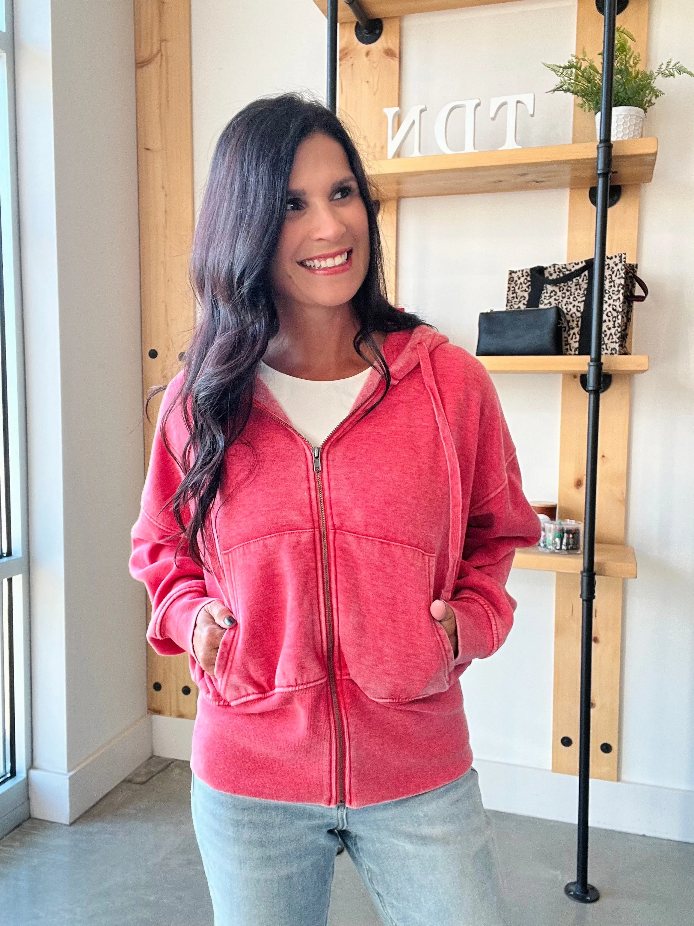 Fleece Hoodie Jacket in Cherry