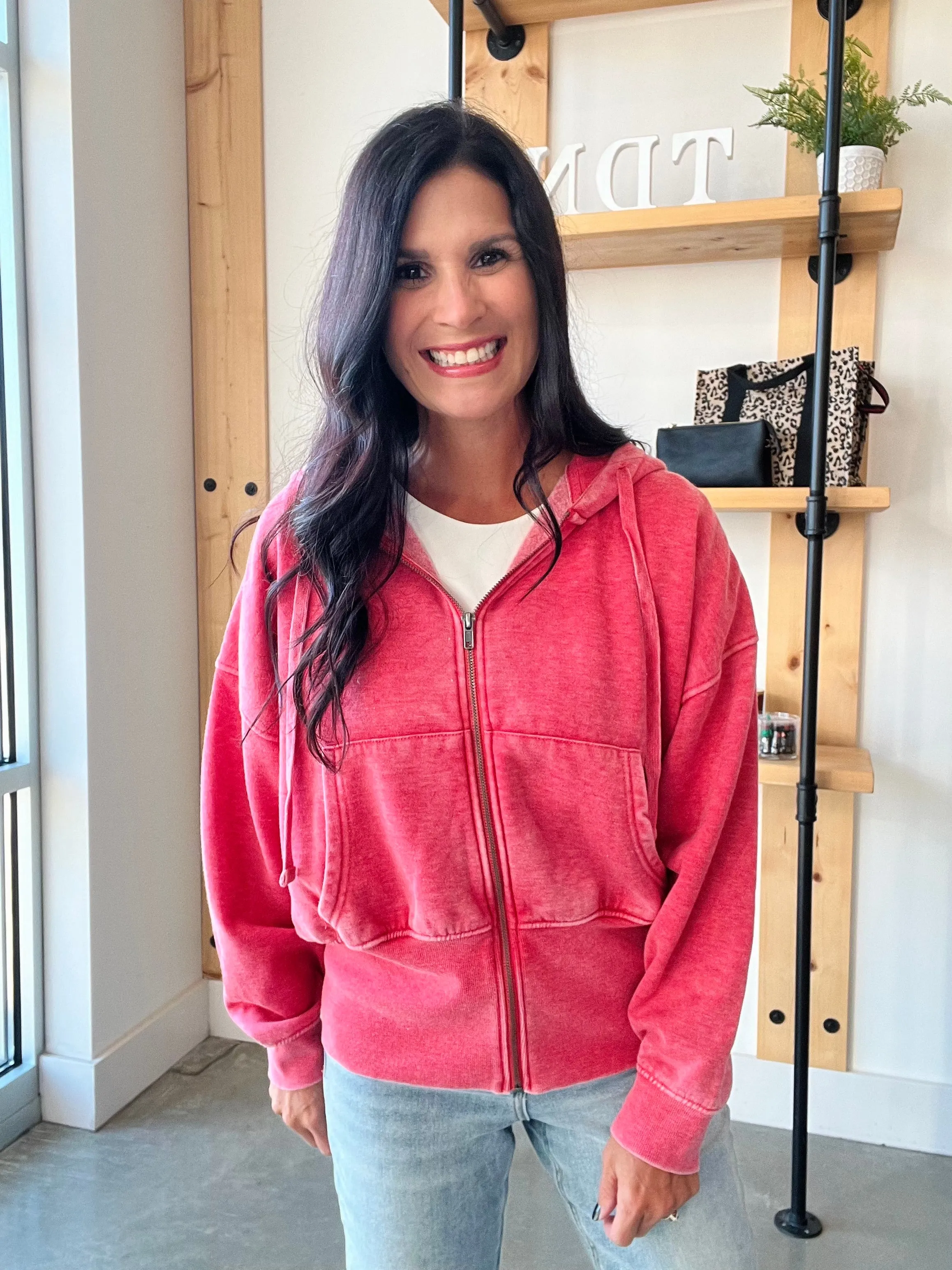 Fleece Hoodie Jacket in Cherry
