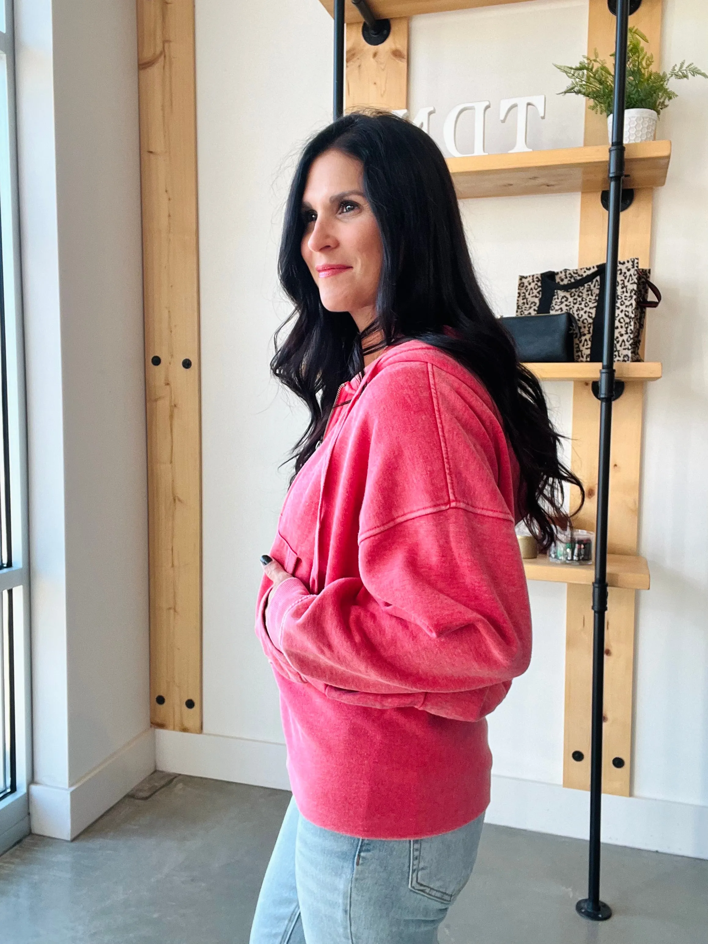 Fleece Hoodie Jacket in Cherry