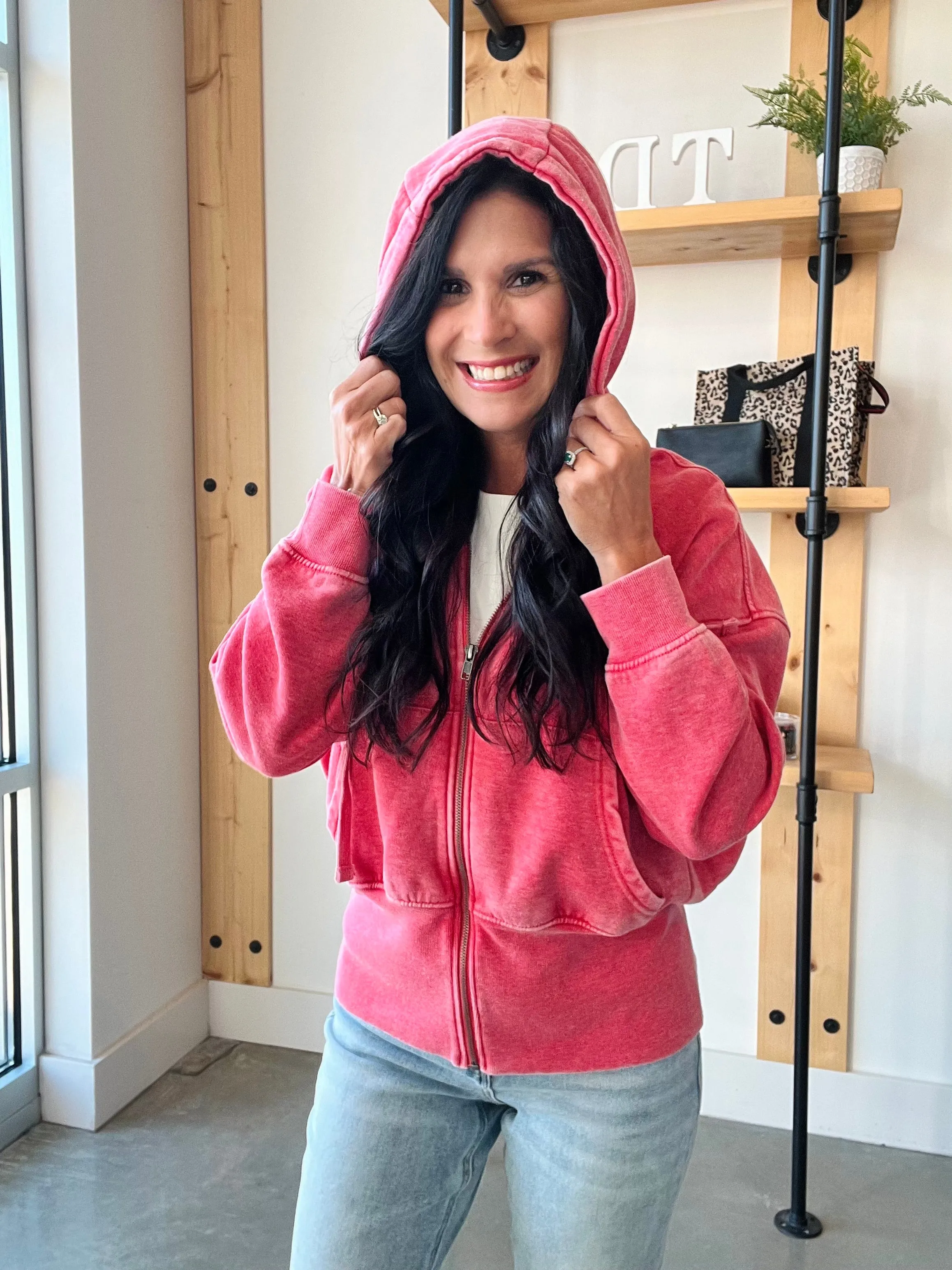Fleece Hoodie Jacket in Cherry