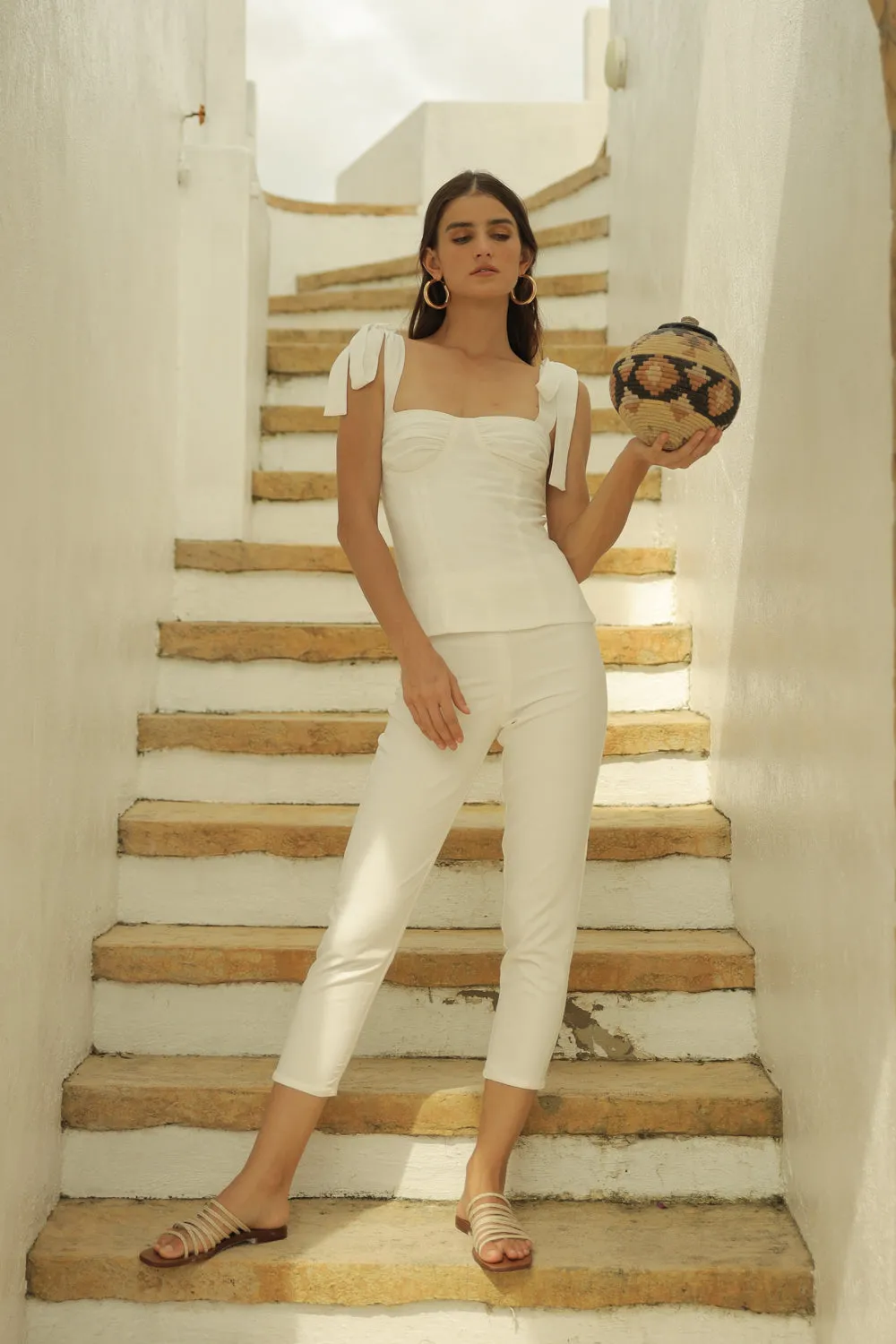 FLEUR TOP Tie on Shoulder Top with Gathered Cup (White Linen)