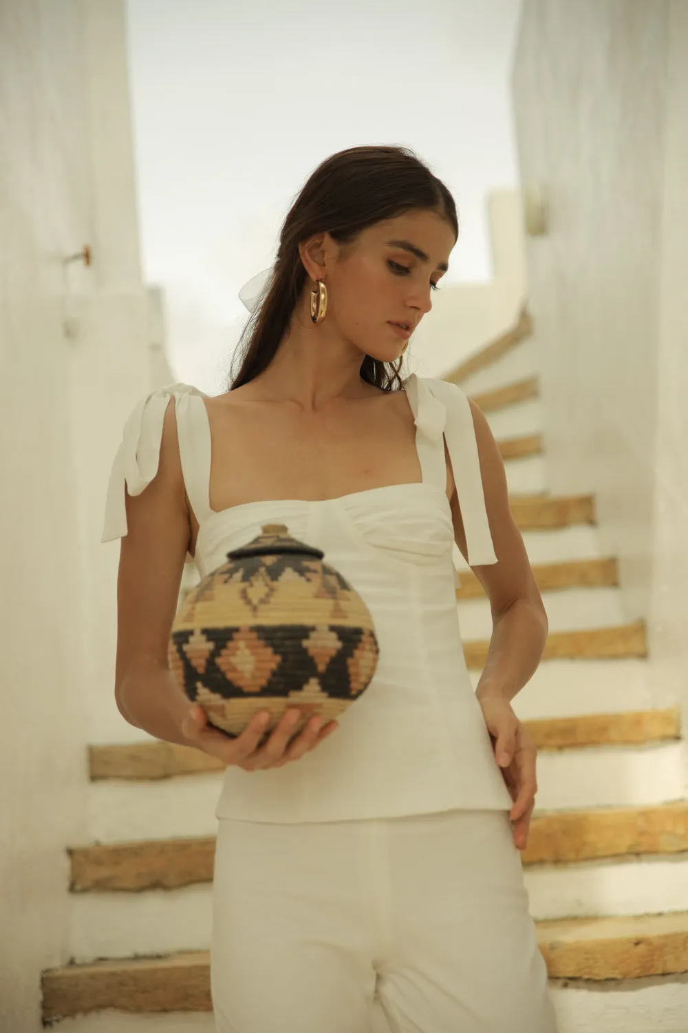 FLEUR TOP Tie on Shoulder Top with Gathered Cup (White Linen)