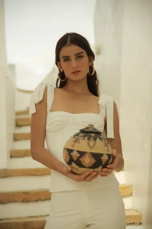 FLEUR TOP Tie on Shoulder Top with Gathered Cup (White Linen)