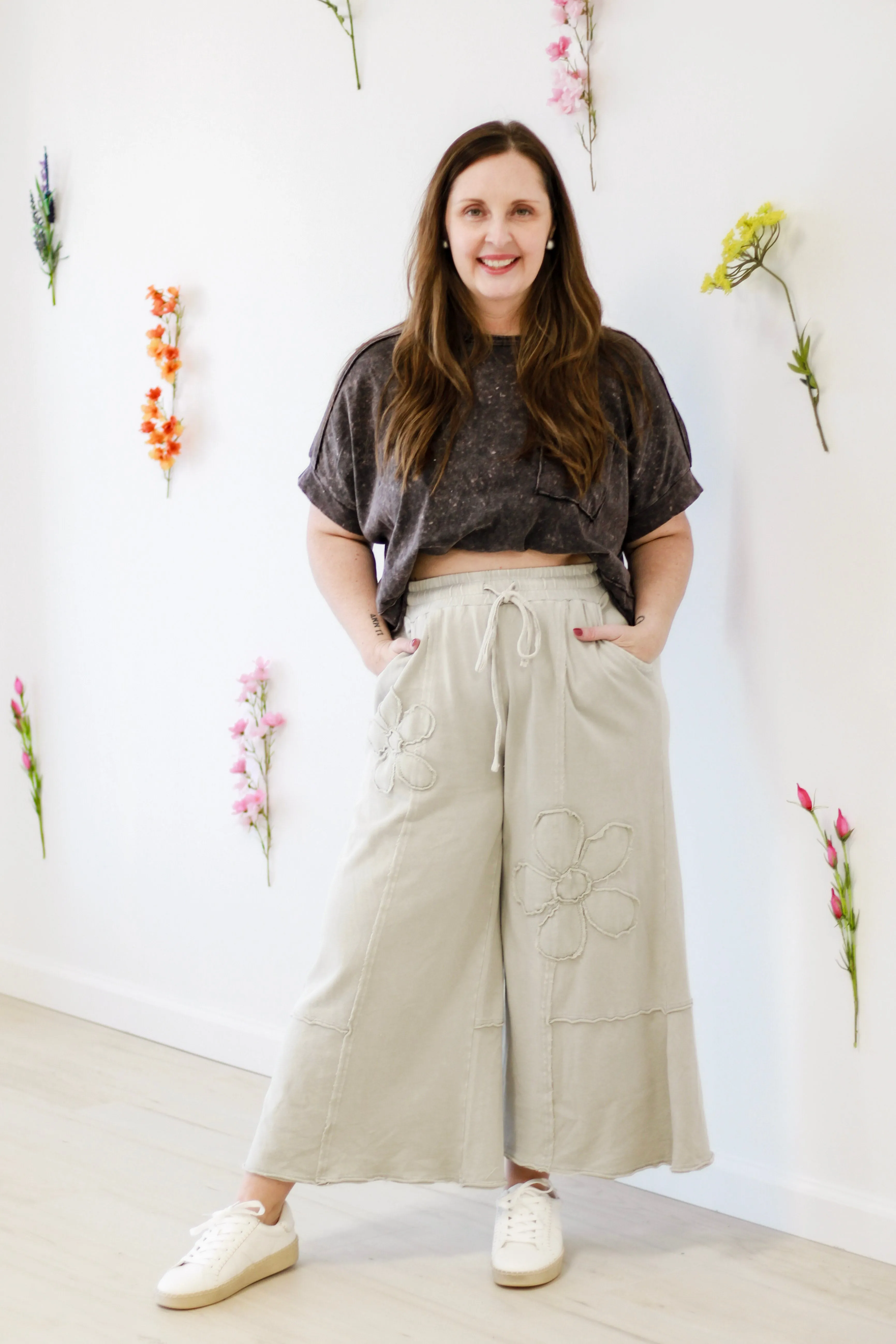 Flower Power Terry Knit Pants in Stone