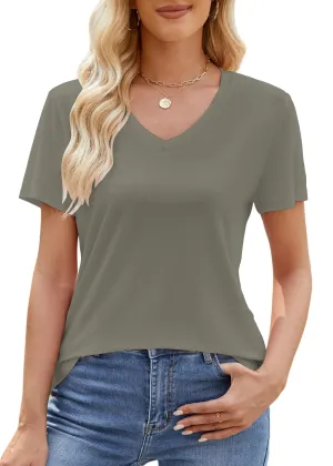 Foenlintenso Womens T Shirts Basic Green V Neck Short Sleeve UPF 50  Summer Tops 2025 Casual Loose Fit Plain Soft T-Shirts S
