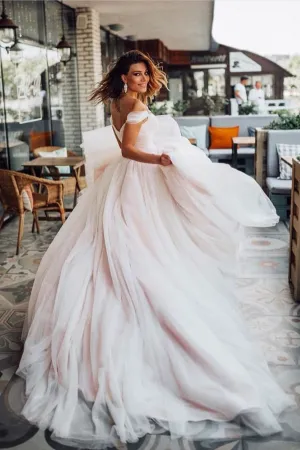Full Tulle Skirt Wedding Gown with Rhinstones Off-the-shoulder