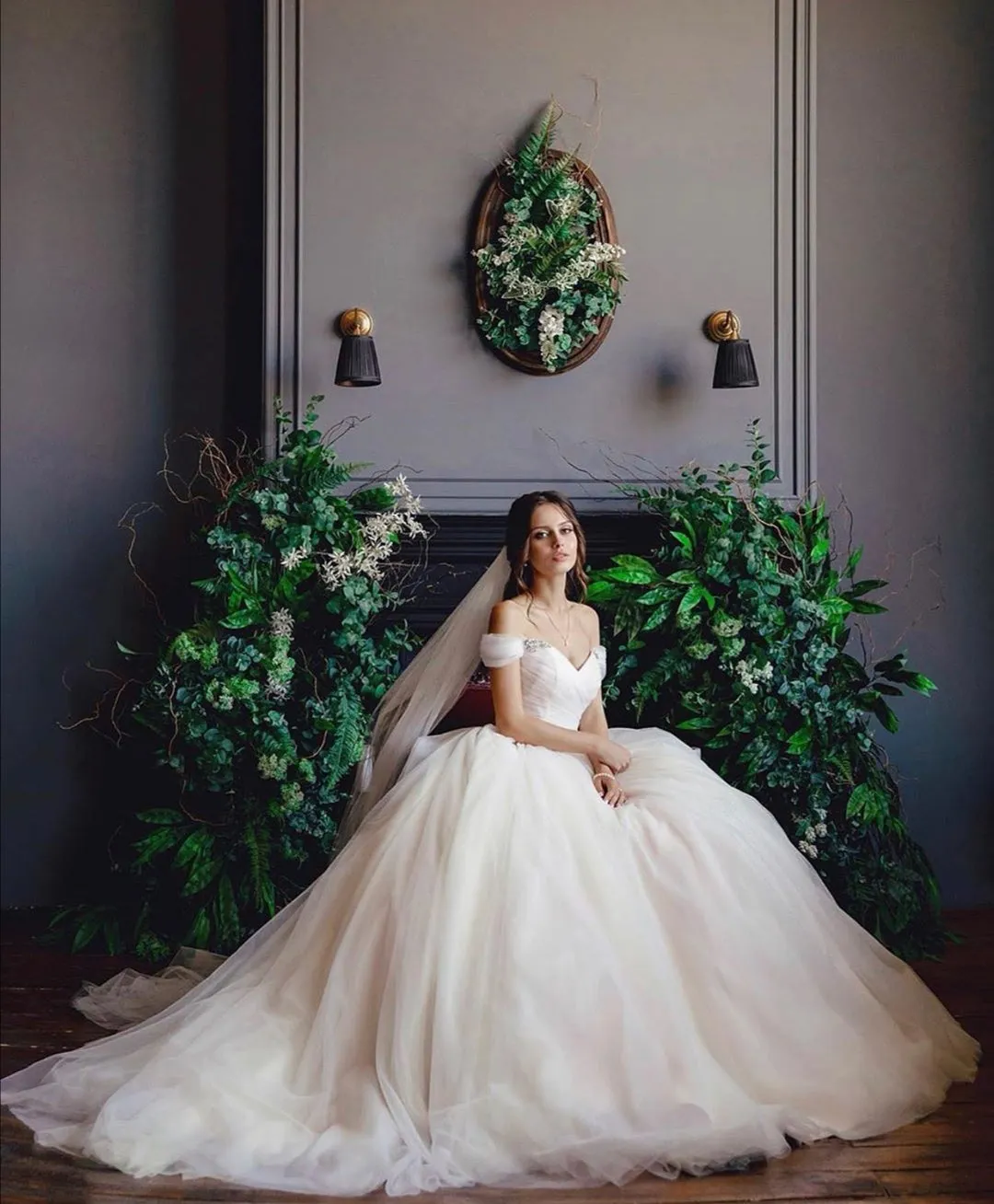 Full Tulle Skirt Wedding Gown with Rhinstones Off-the-shoulder