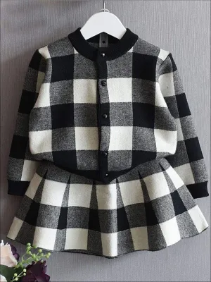 Girls Preppy Plaid Button Up Sweatshirt & Matching Skirt