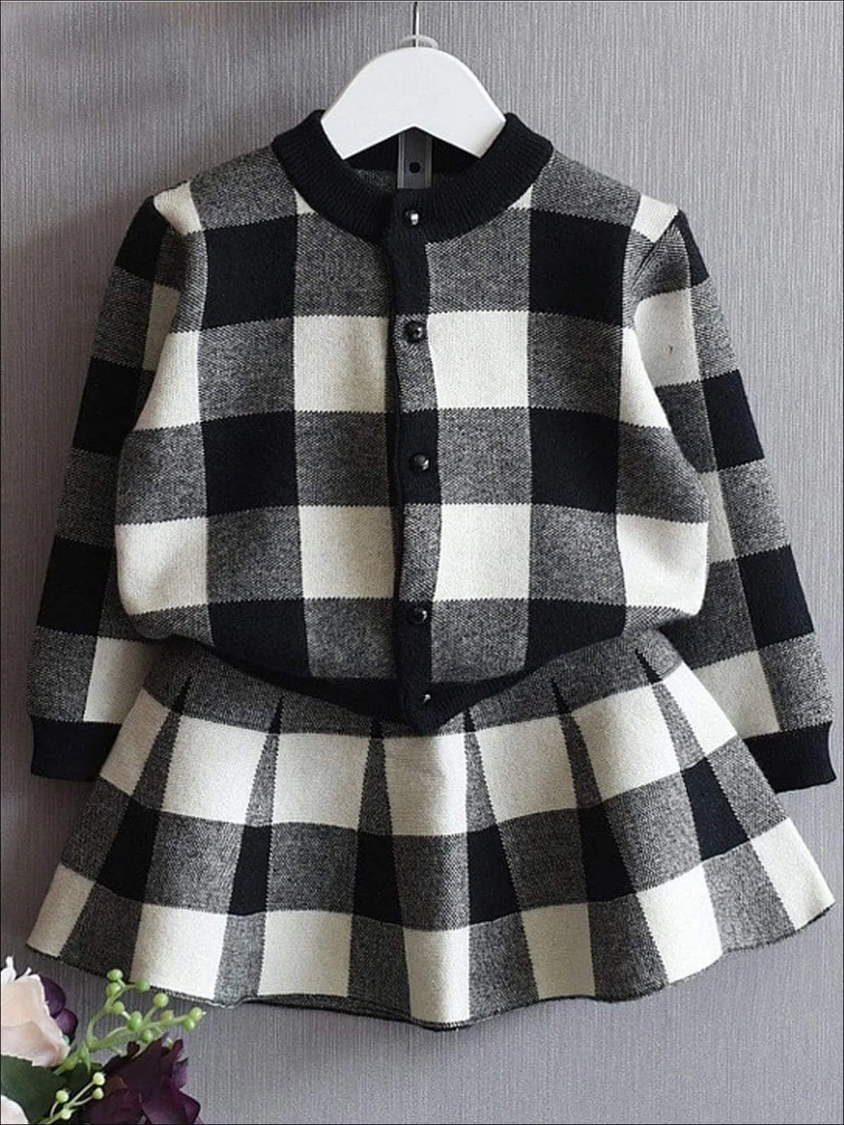 Girls Preppy Plaid Button Up Sweatshirt & Matching Skirt