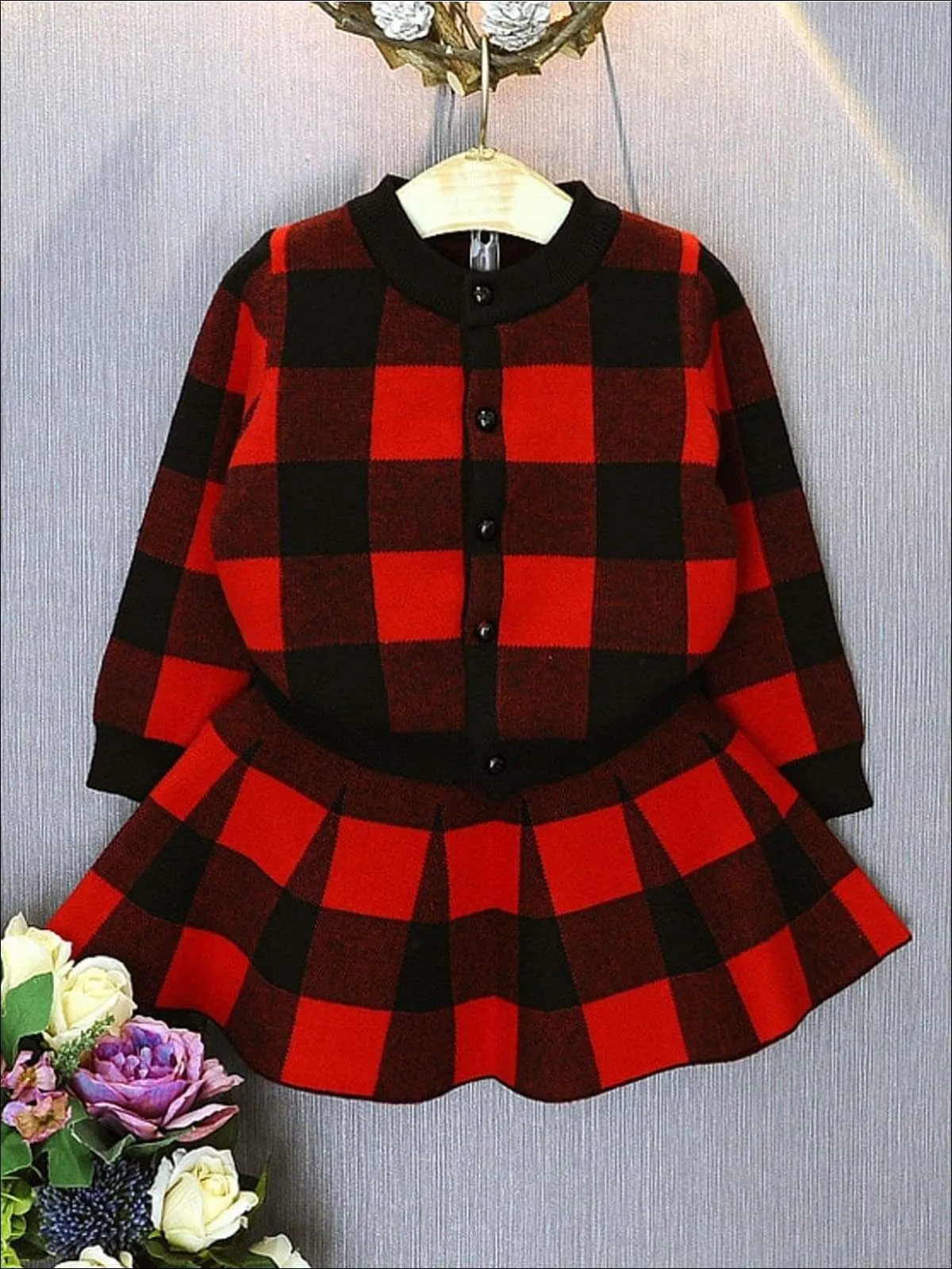 Girls Preppy Plaid Button Up Sweatshirt & Matching Skirt