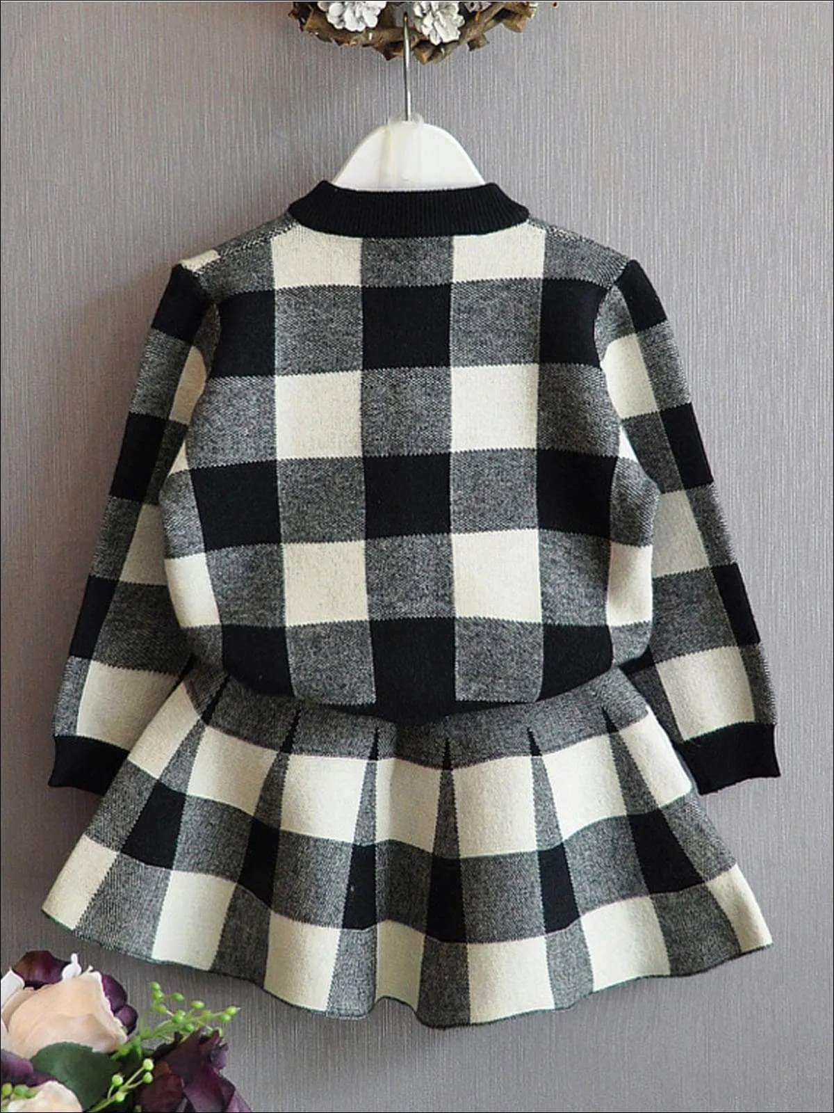 Girls Preppy Plaid Button Up Sweatshirt & Matching Skirt