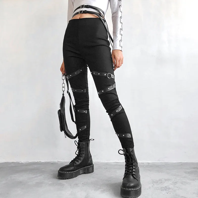 Gothic Ribbon Leggings with Rivet Patchwork for Women