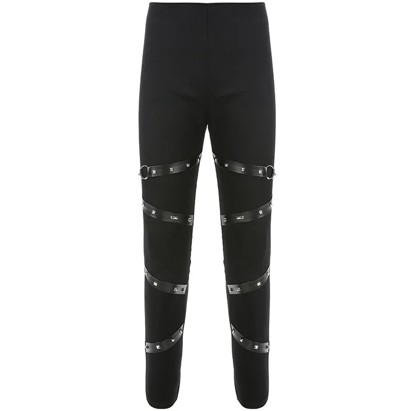 Gothic Ribbon Leggings with Rivet Patchwork for Women