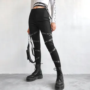 Gothic Ribbon Leggings with Rivet Patchwork for Women
