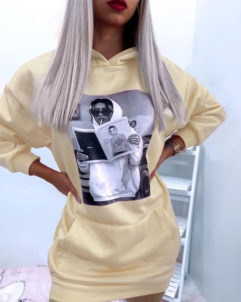Graphic Print Drop Shoulder Hooded Sweatshirt Dress